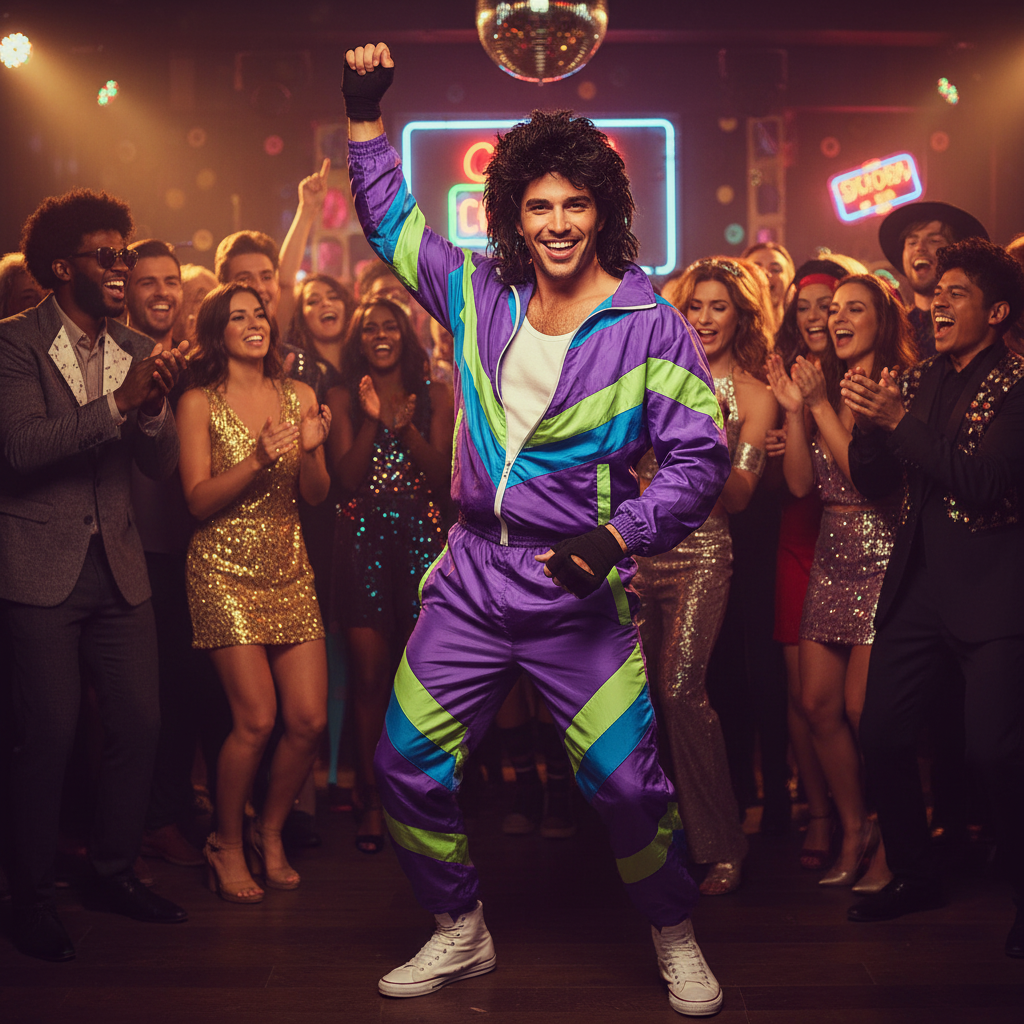 Man in full 1980s fancy dress costume with black mullet wig being the life of the party surrounded by delighted friends