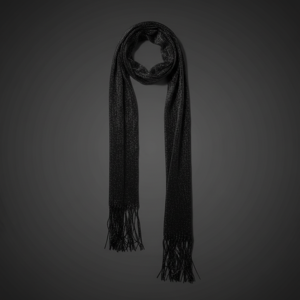 Women's bohemian metallic black long scarf with tassel fringe on dark background — Why Not Shop
