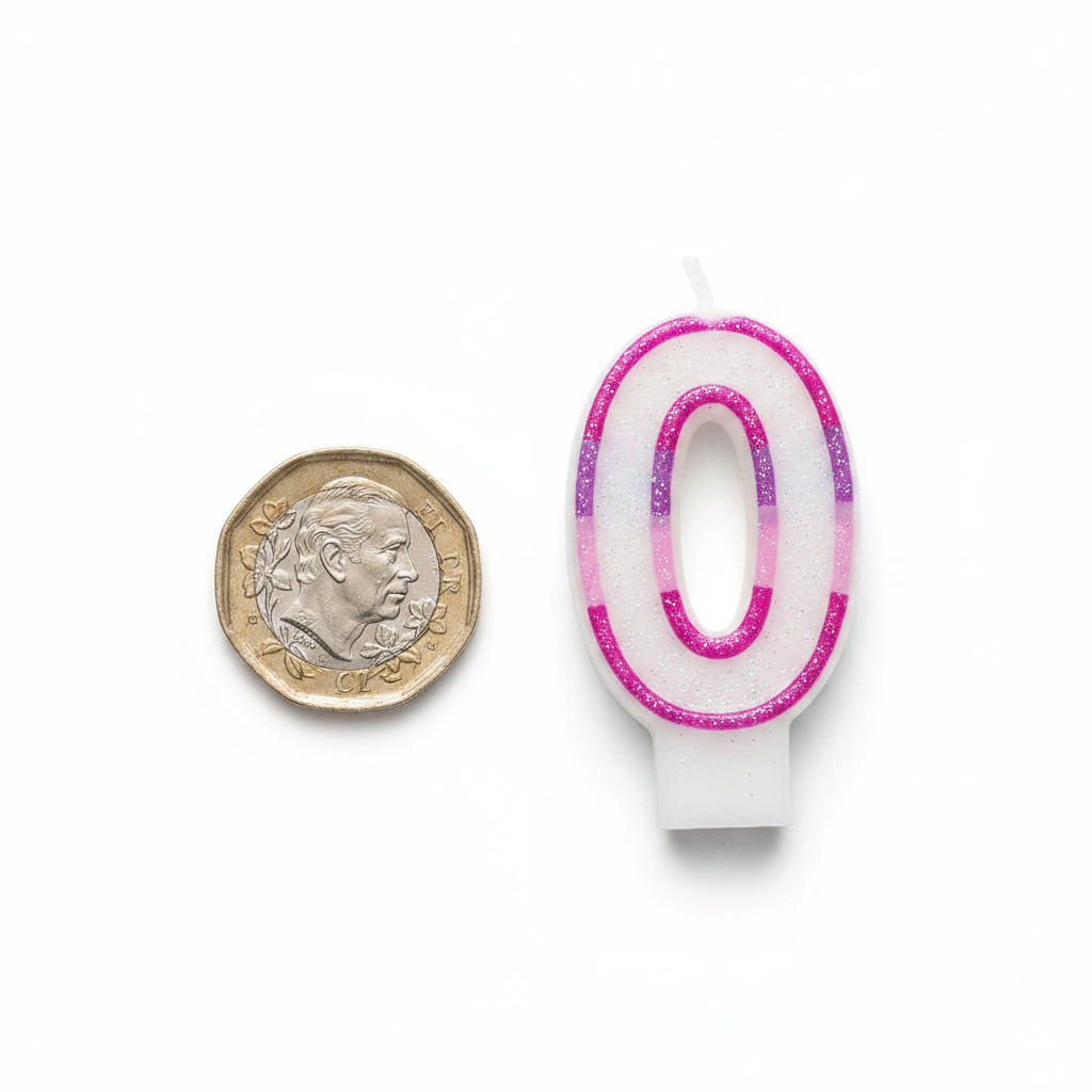 Pink glitter number 0 birthday candle beside a £1 coin on white background showing product scale