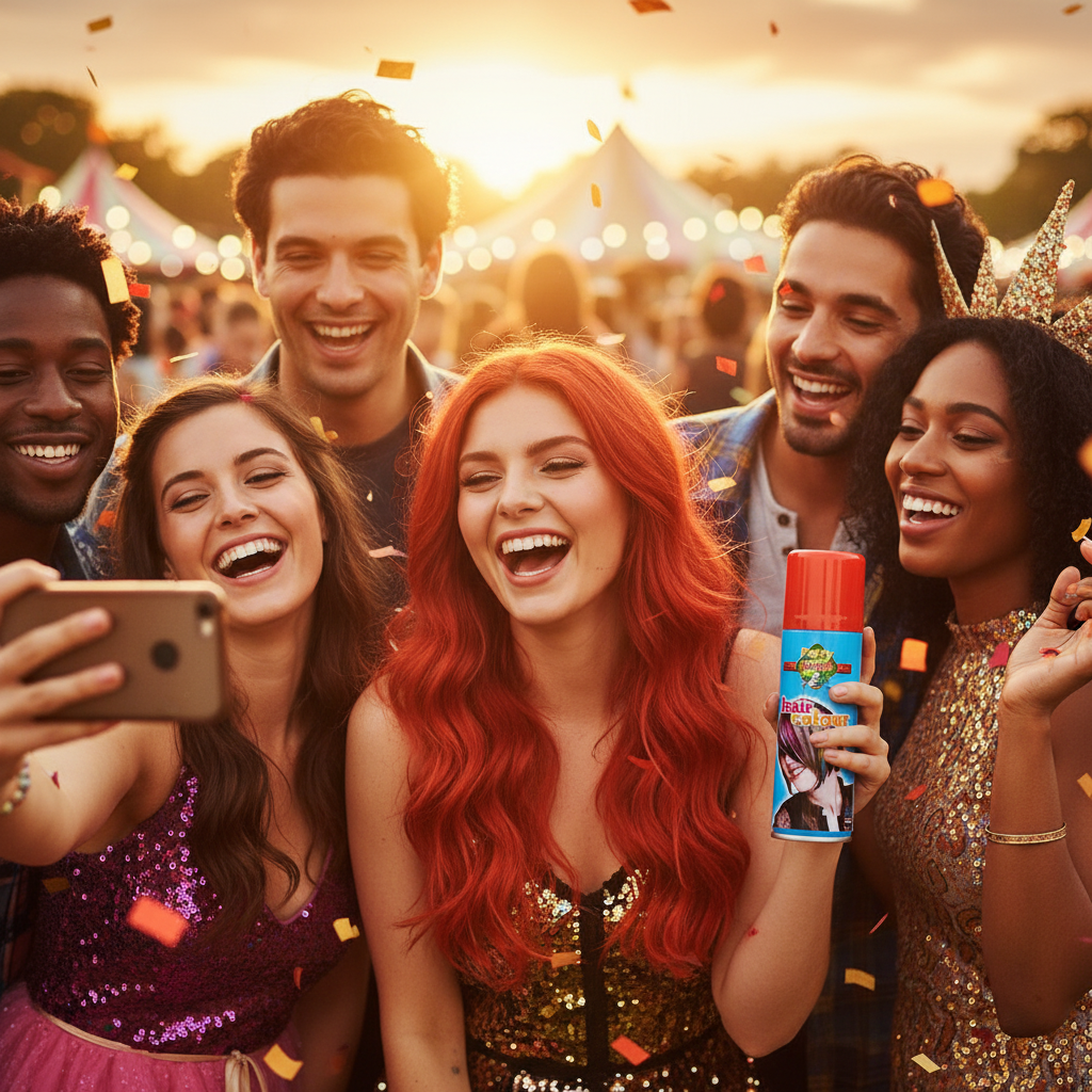 Party Success Red Temporary Hair Colour Spray - aspirational festival lifestyle scene, golden hour