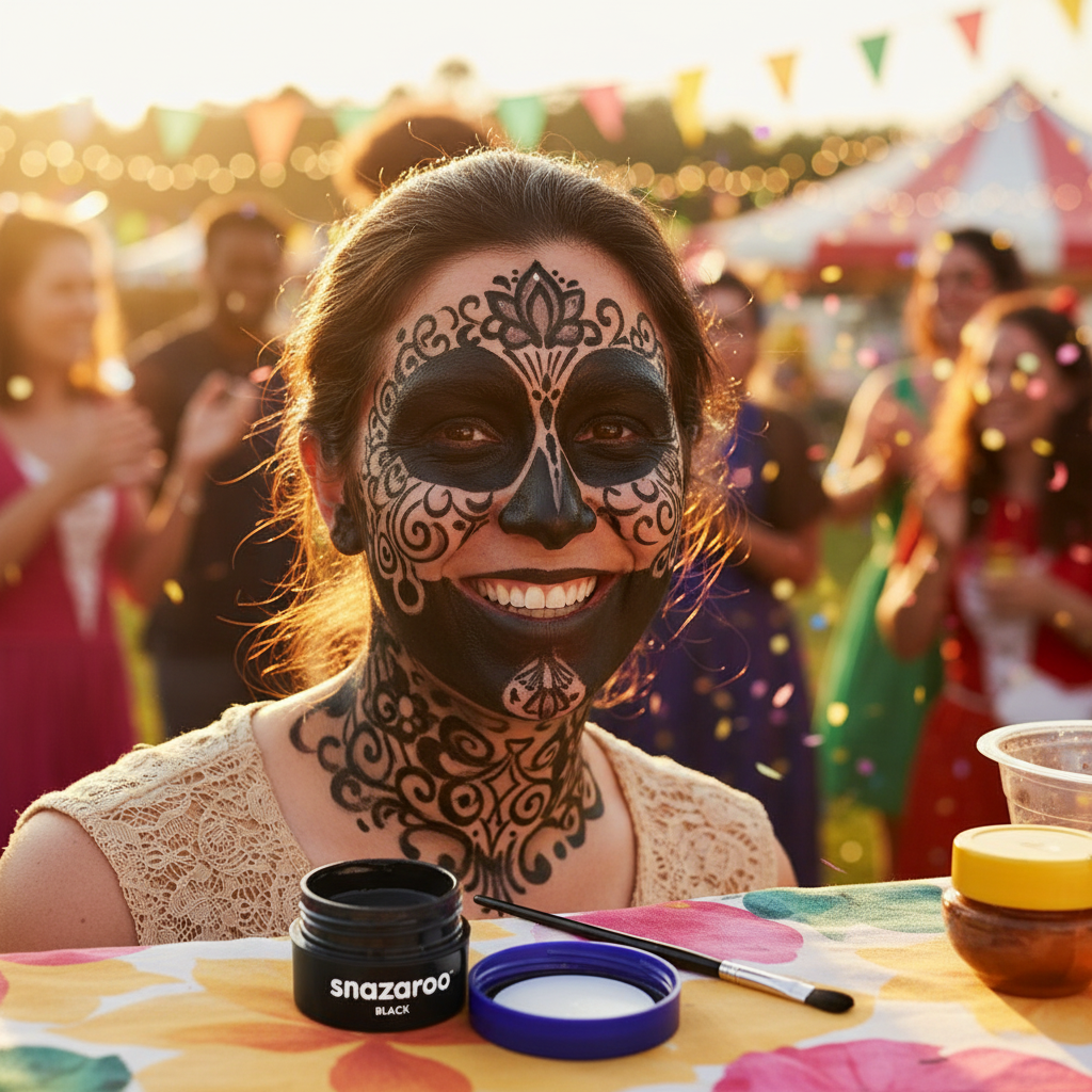 Aspirational lifestyle shot showing the result of using Snazaroo Classic Black Face Paint at a festival or costume party