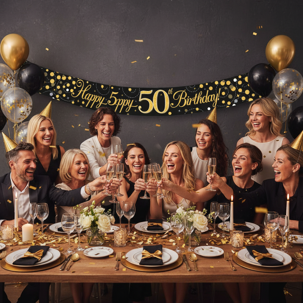 Friends celebrating 50th birthday party with Sparkling Fizz black and gold banner displayed on wall
