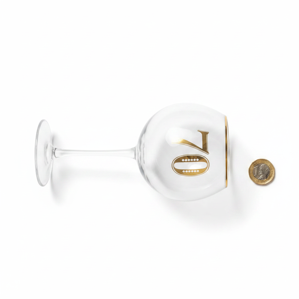 Art Deco 70th Birthday Gin Glass flat lay beside a £1 coin to show scale on white background