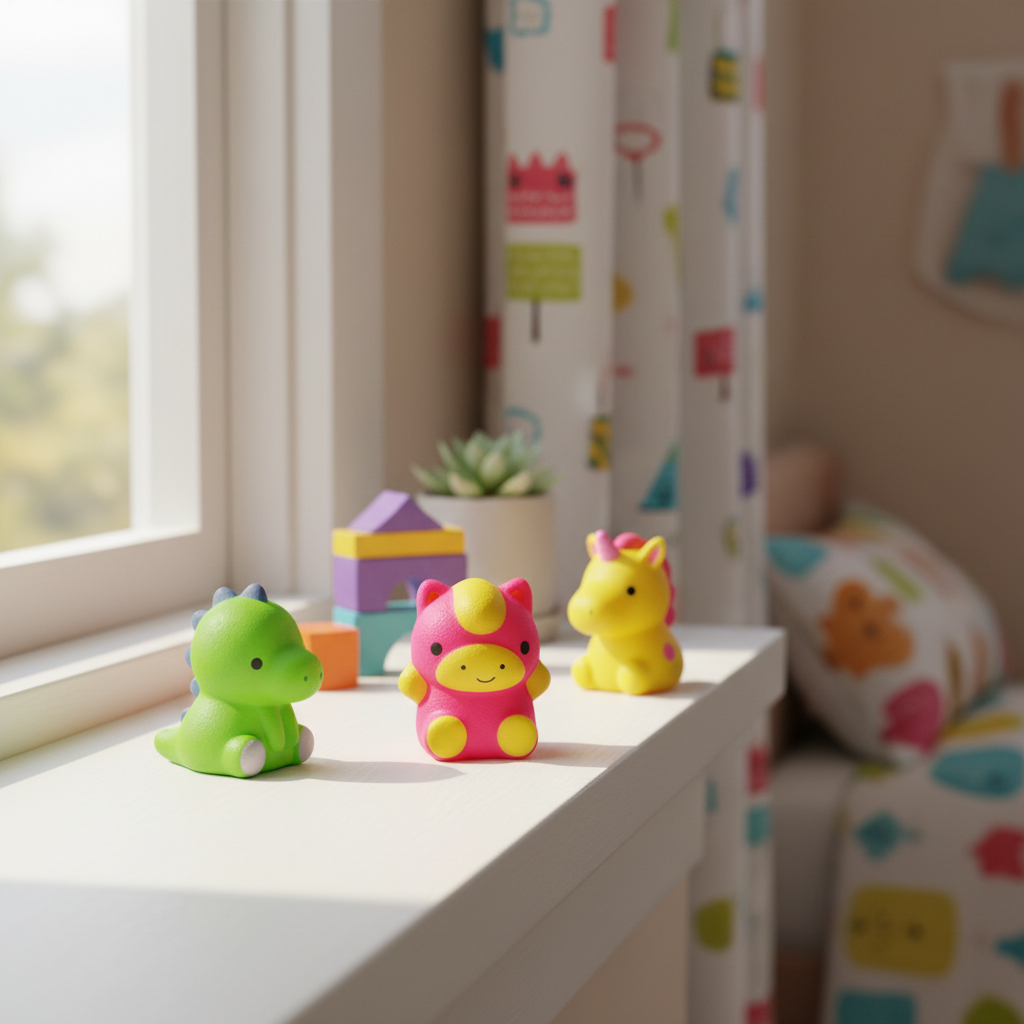 Squishy animal toys arranged on a child's bedroom windowsill in natural window light — lifestyle interior shot