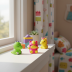 Squishy animal toys arranged on a child's bedroom windowsill in natural window light — lifestyle interior shot