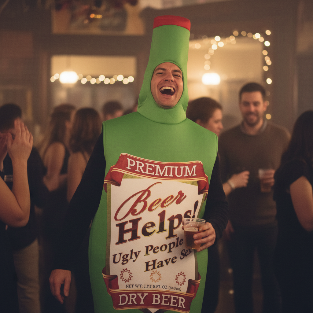 Man in green beer bottle fancy dress costume mid-laugh at a party, candid shot with warm bokeh background