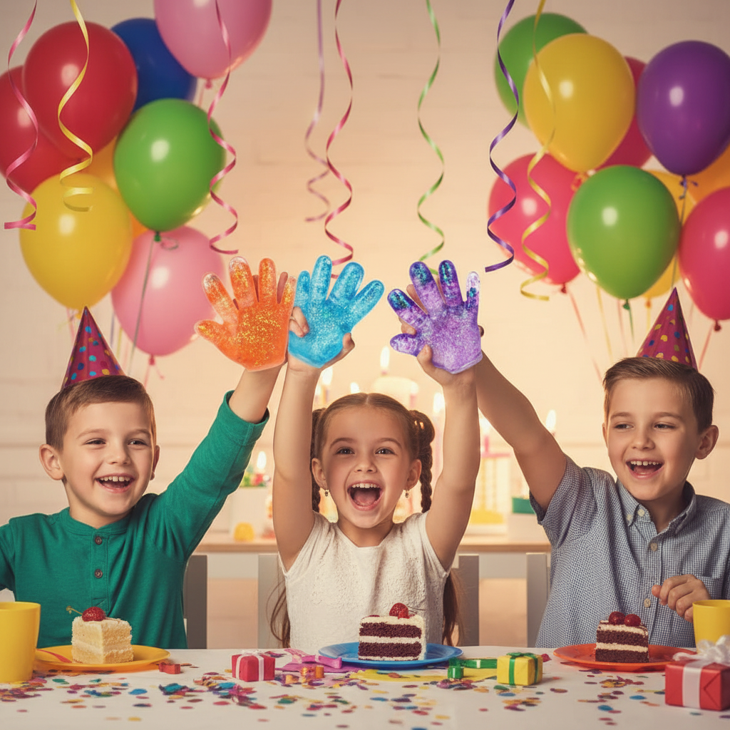 Three kids at a birthday party holding up orange, purple and blue Stretch and Squeeze Hand Gel Toys doing a high five gesture