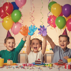 Three kids at a birthday party holding up orange, purple and blue Stretch and Squeeze Hand Gel Toys doing a high five gesture