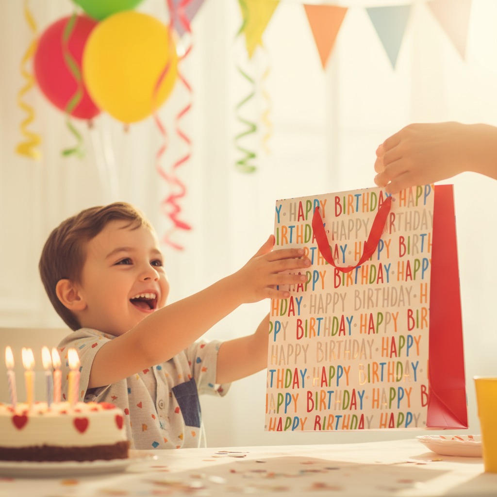 Excited child receiving a colourful Happy Birthday gift bag at a birthday party celebration