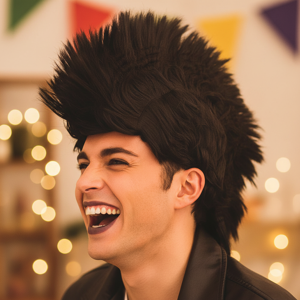 Person putting on black punk rocker mohawk wig, candid lifestyle photography with bokeh background