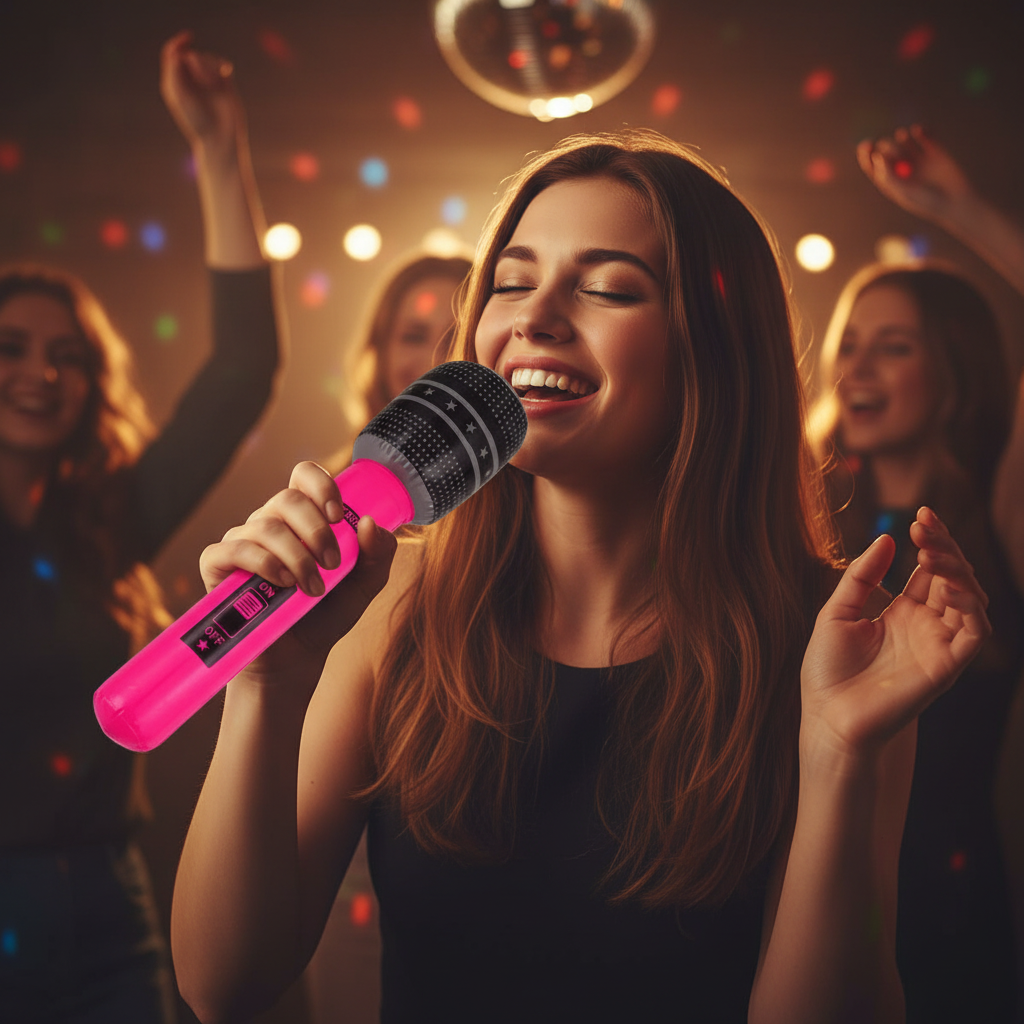 Young woman singing into a neon pink inflatable microphone at a karaoke party — candid lifestyle shot with creamy bokeh background
