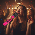 Young woman singing into a neon pink inflatable microphone at a karaoke party — candid lifestyle shot with creamy bokeh background