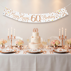 Elegant 60th birthday party table with champagne and Sparkling Fizz banner display