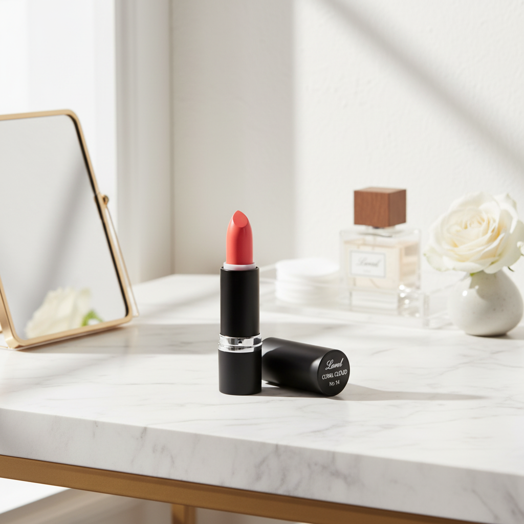 Laval Lipstick Coral Cloud 14 matte black tube on marble vanity dressing table with beauty accessories