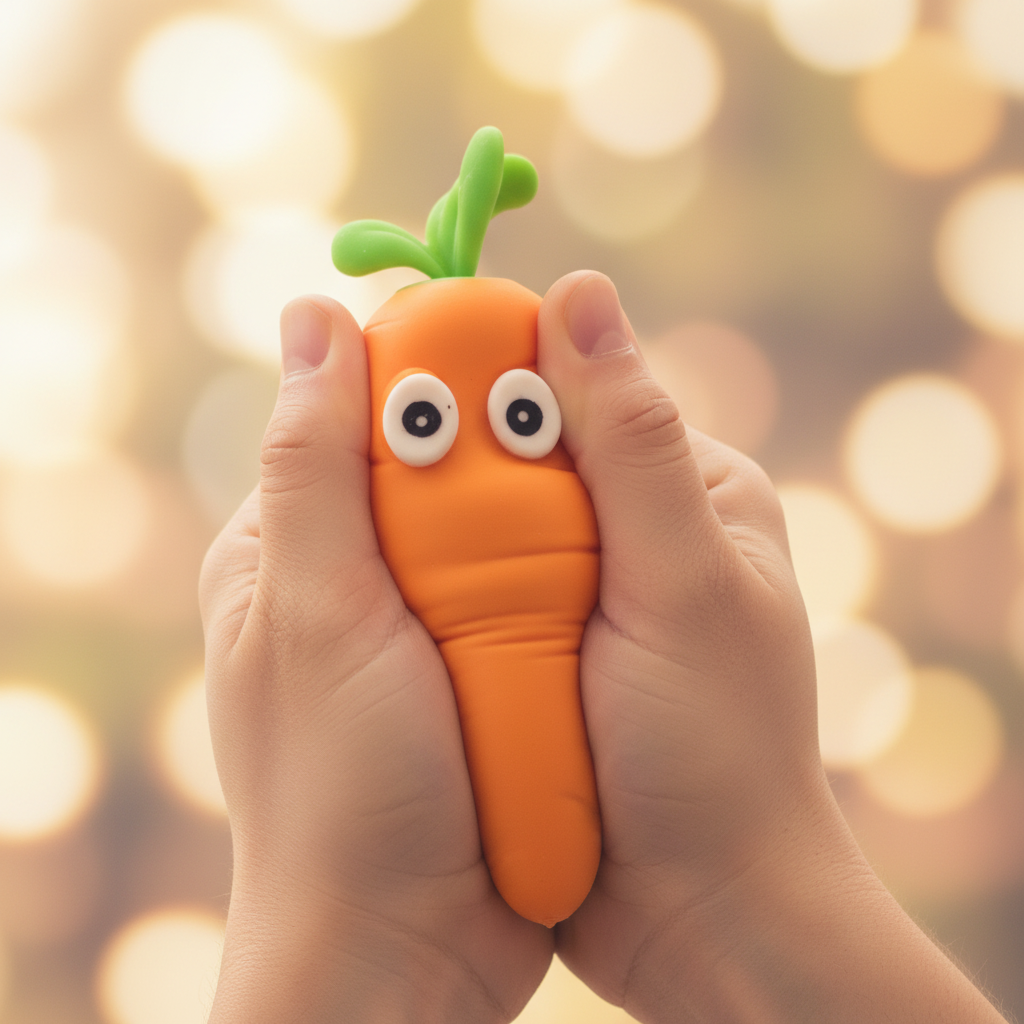 Hands squeezing Crazy Squeezy Carrot squishy toy with creamy bokeh background