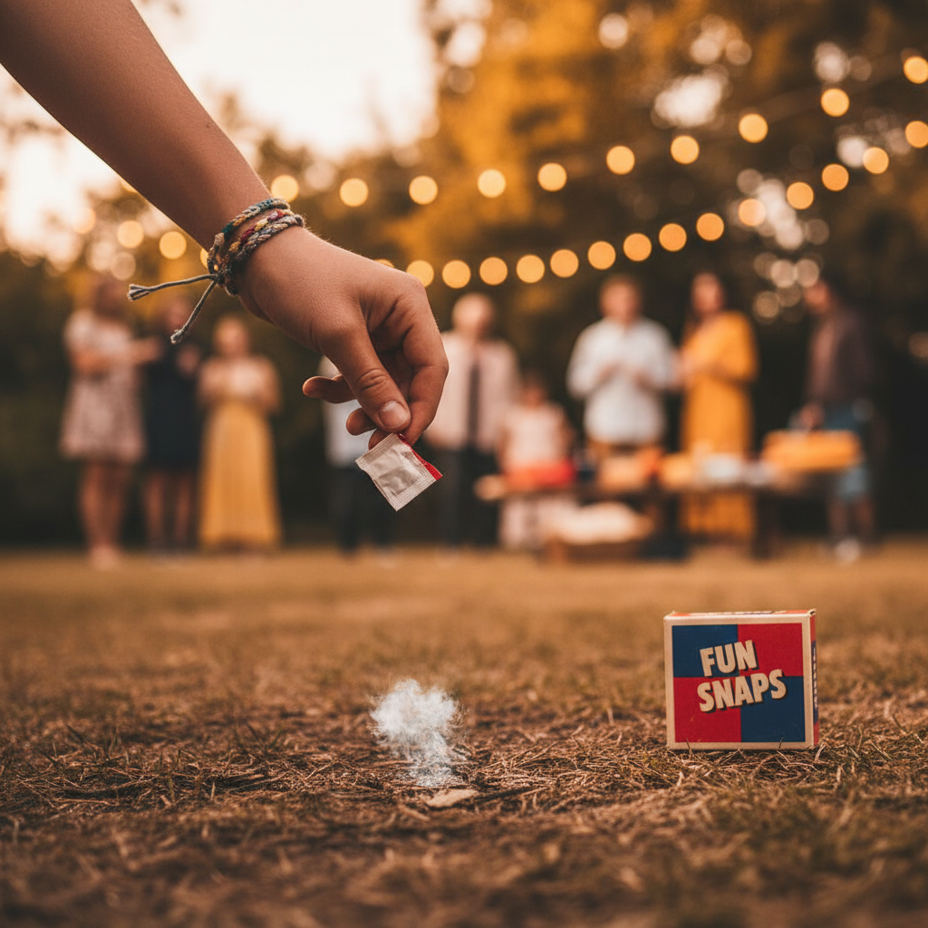 Teenager's hand throwing a fun snap throwdown at the ground mid-action at a garden party, 85mm bokeh simulation with warm colour grade