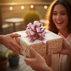 Emotional gift-giving moment with large pink pull bow, golden hour light, aspirational lifestyle scene