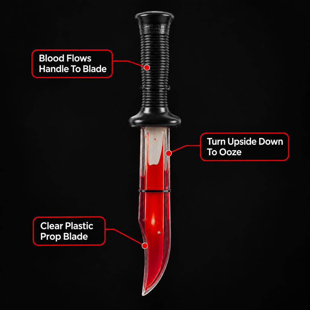 Bloody knife prop infographic showing blood flows handle to blade, turn upside down to ooze and clear plastic prop blade