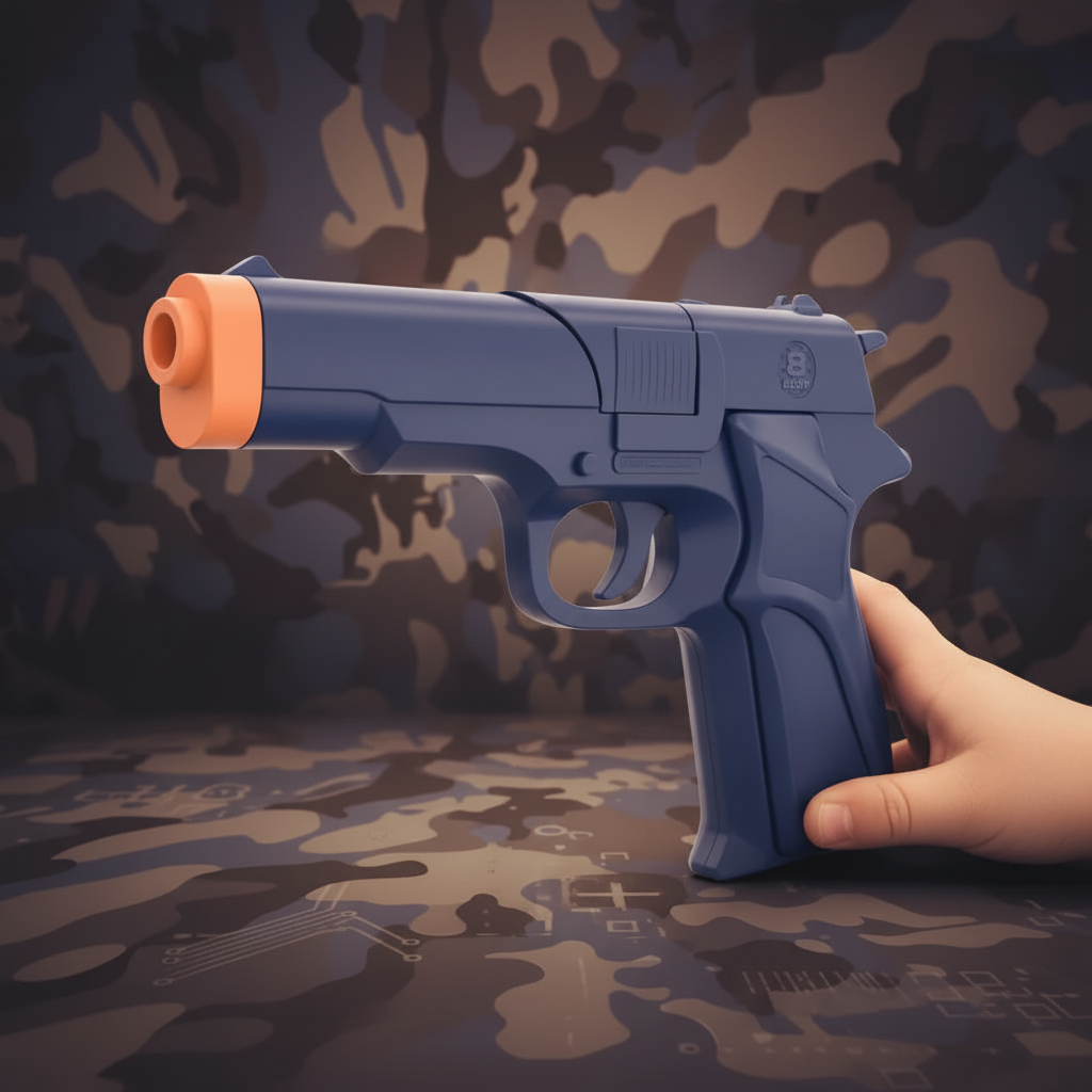 Child's hand reaching for HTI Swat Mission navy blue cap revolver toy gun, candid lifestyle moment