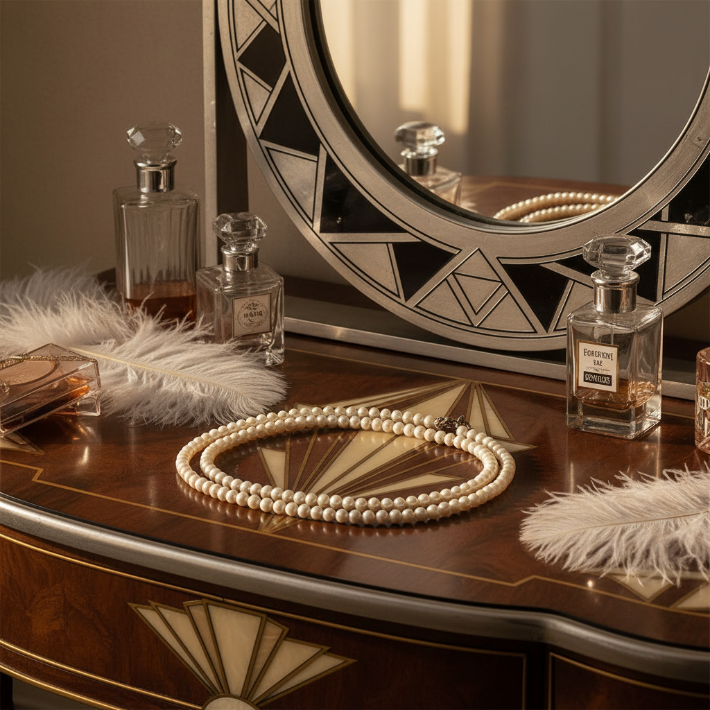 Pair of white pearl necklaces laid on a vintage art deco vanity table with mirror and perfume bottles
