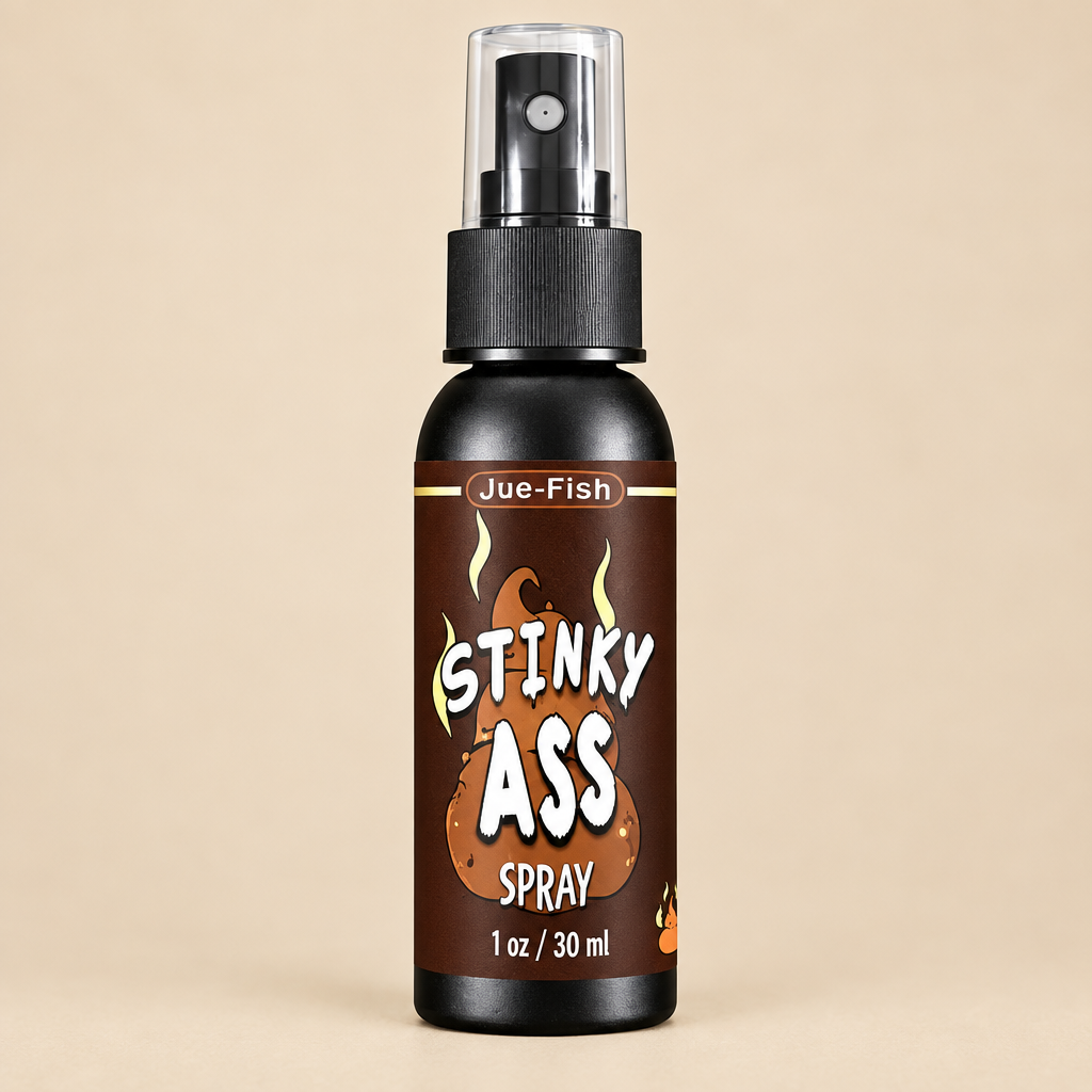 Close-up of the Toxic Bomb Stinky Ass spray bottle, brown front label and clear spray-head cap.