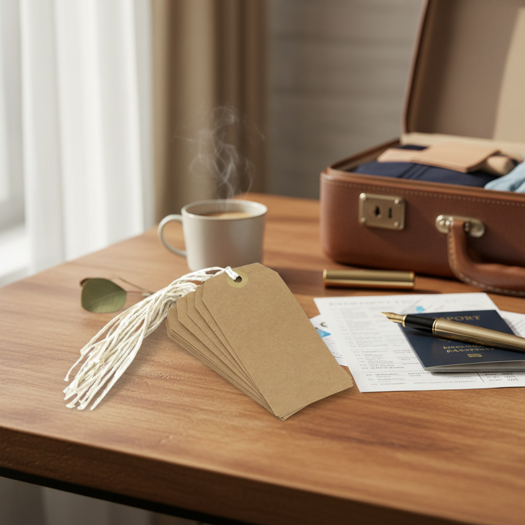Kraft brown luggage labels on a wooden desk beside a suitcase, pen and travel documents, natural window light