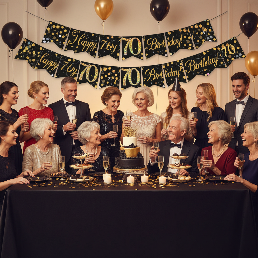 70th birthday party celebration with Sparkling Fizz banner displayed above party table with guests