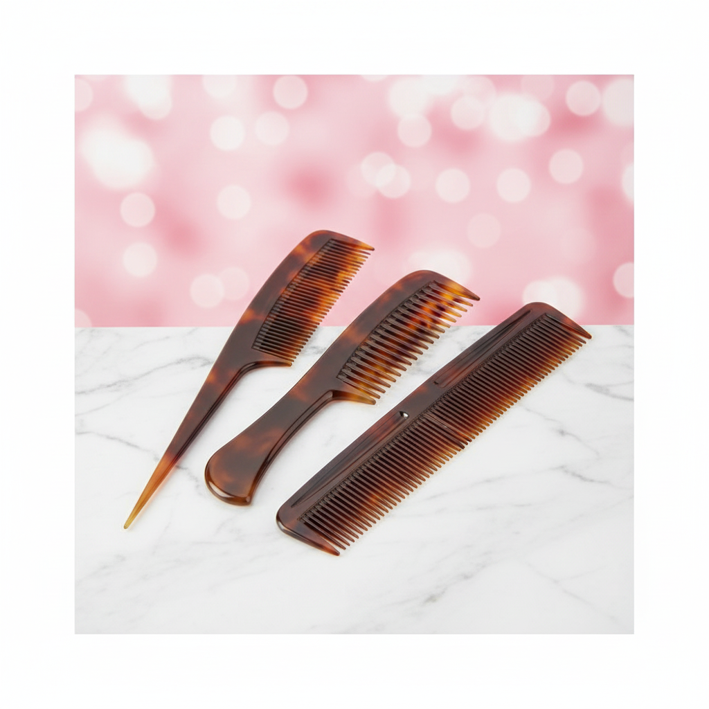 Hair Comb Set tortoiseshell combs displayed on white marble with pink bokeh background - product shot