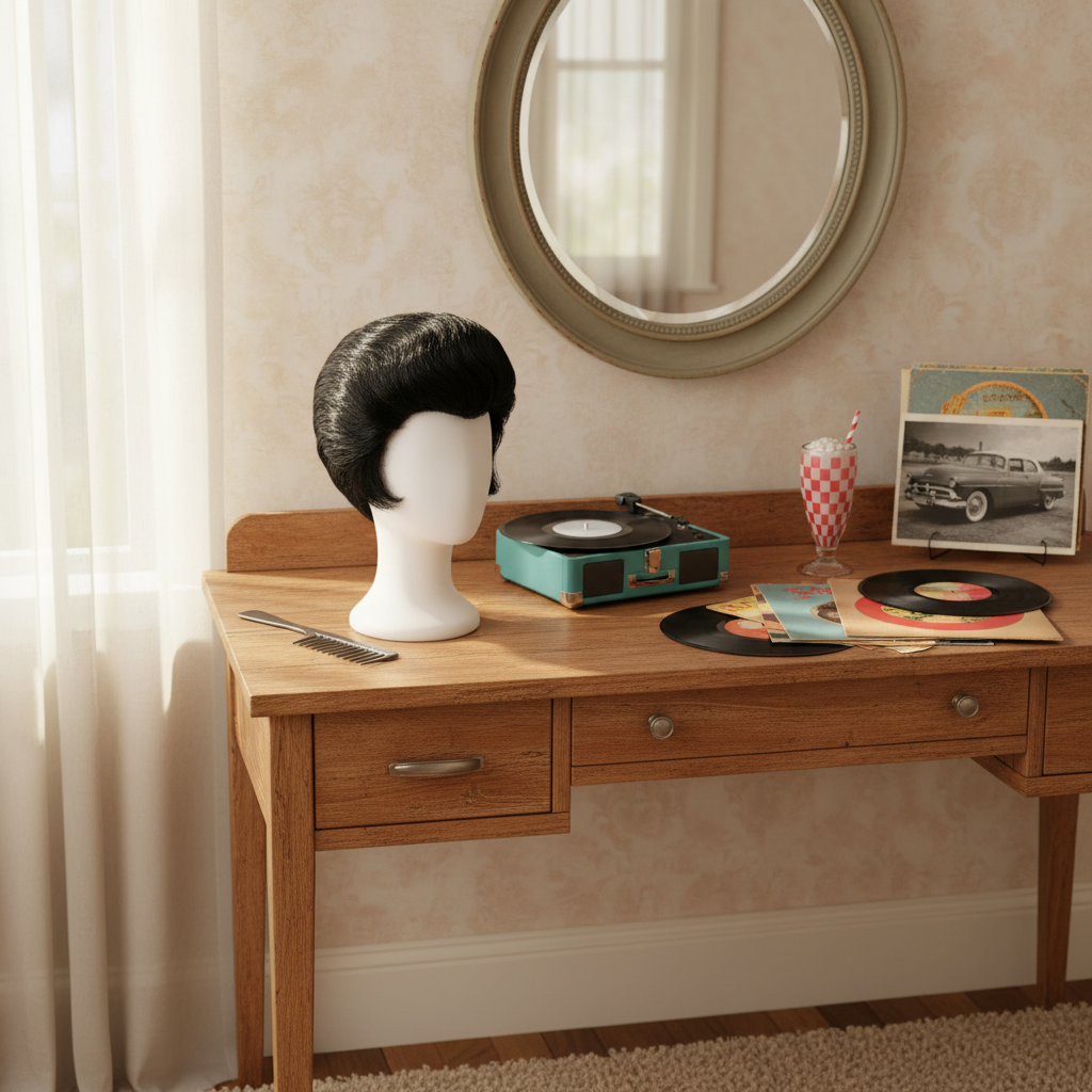 Jet black Elvis pompadour wig on wig stand at vintage dressing table with retro 1950s memorabilia