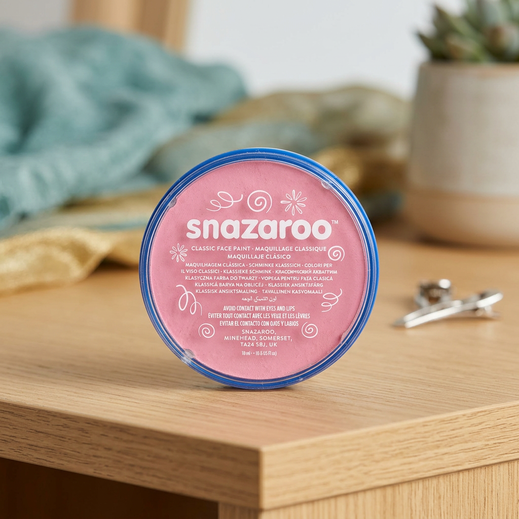Snazaroo Classic Pale Pink face paint pot on a wooden dressing table with fabric in the background