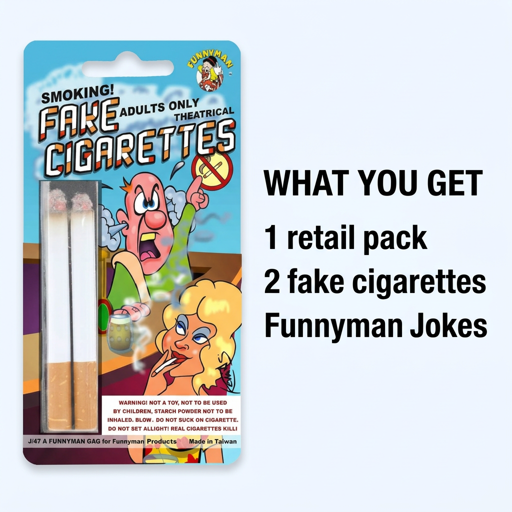 Funnyman Jokes pack contents graphic showing one retail pack containing two fake cigarettes.