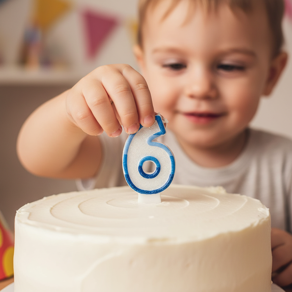 Child placing a blue number 6 birthday candle onto a white frosted birthday cake - human interaction lifestyle shot