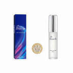 Panache 50ml spray bottle and royal blue box flat lay with £1 coin for scale — clean white background
