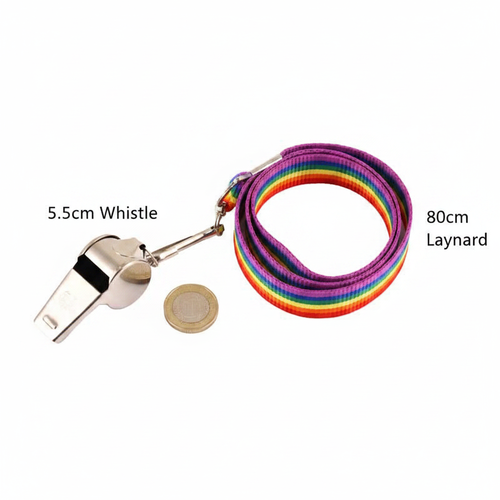 Gay Pride metal whistle and rainbow lanyard flat lay beside UK £1 coin showing 5.5cm size on white background