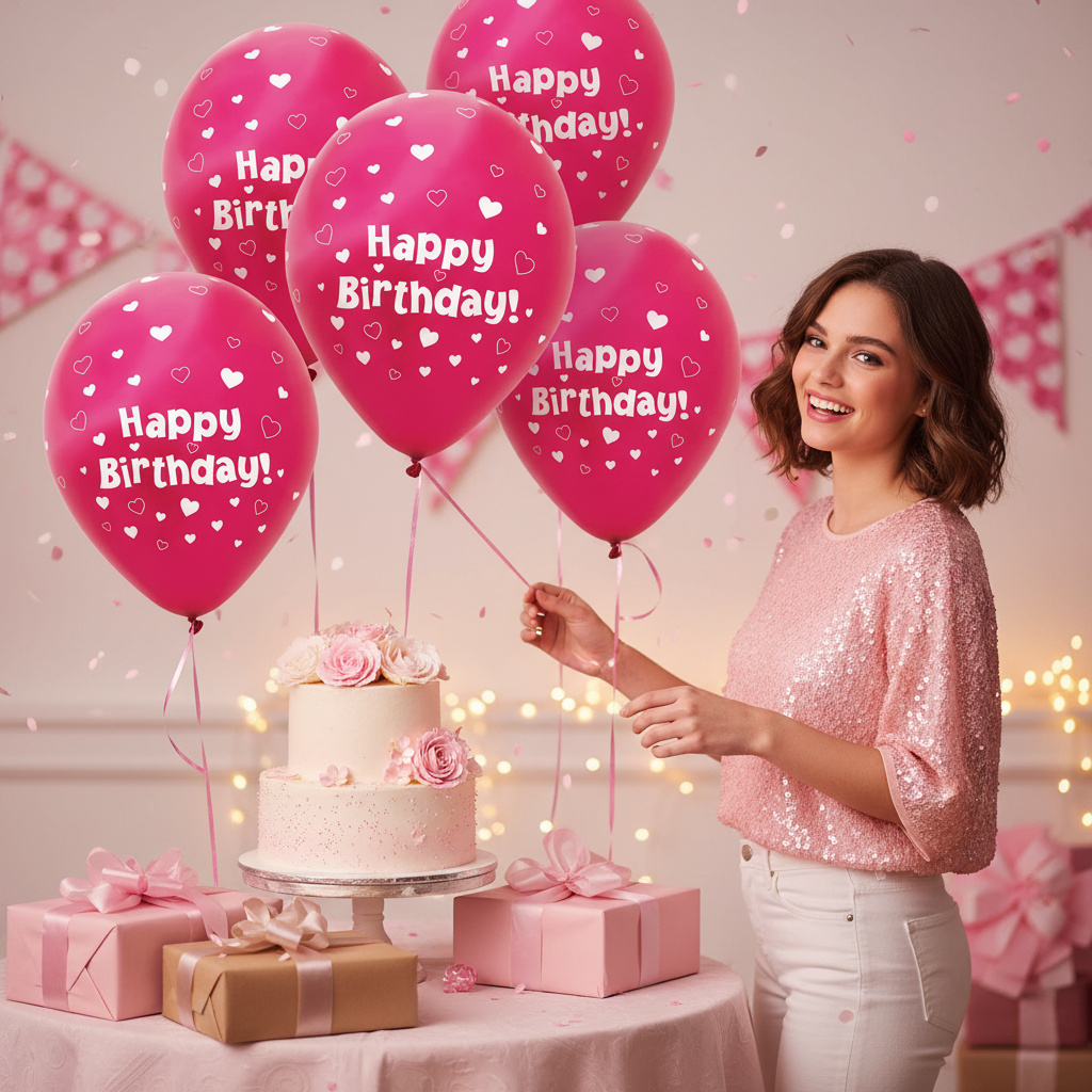 Woman celebrating with fuchsia pink heart-patterned Happy Birthday balloons at stylish party with cake and decorations