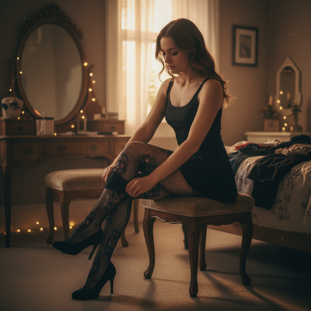 Woman putting on black fishnet skull tights, candid getting ready lifestyle shot