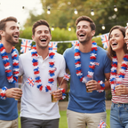 Group of friends wearing red, white and blue Hawaiian lei necklaces at a patriotic British party