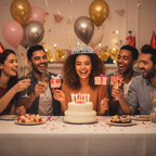 Happy woman wearing It's My Birthday silver tiara at birthday party celebration with friends and cake