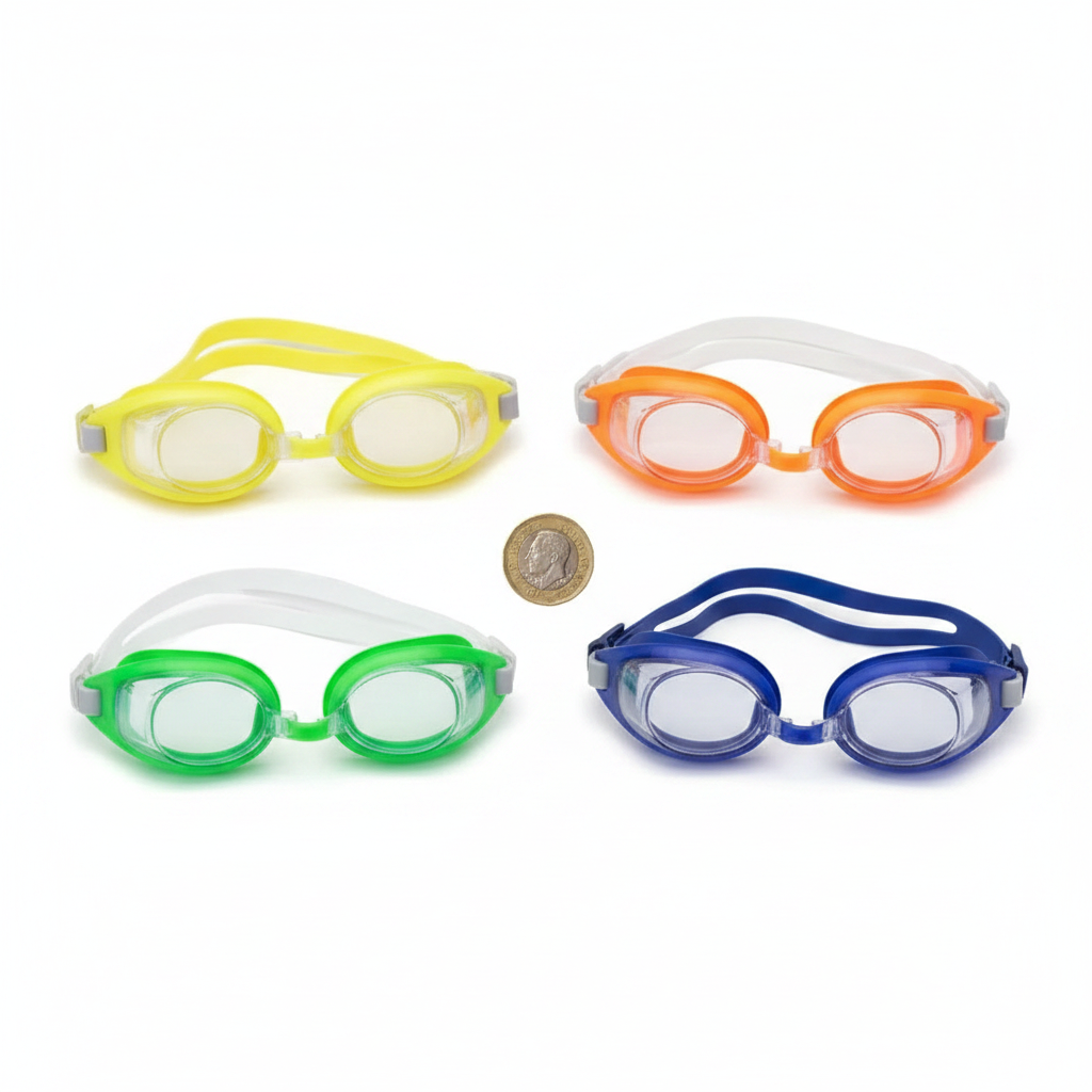 Kids Swimming Goggles flat lay beside a £1 coin on white background to show product size
