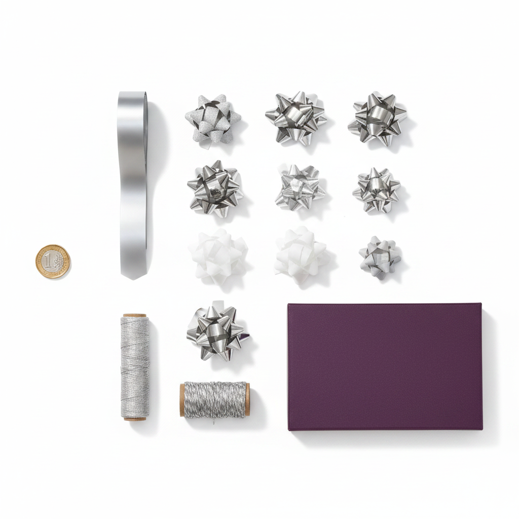 Silver bow and ribbon gift wrapping set contents flat lay with £1 coin for scale