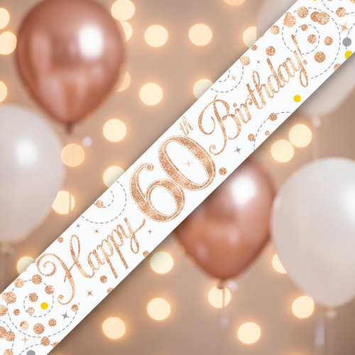 9ft Sparkling Fizz 60th Birthday Banner in rose gold holographic and white - premium party decoration