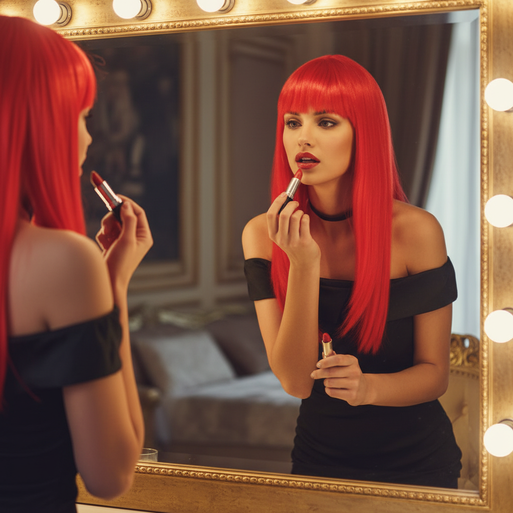 Woman wearing red long straight wig with fringe getting ready for a night out at vanity mirror