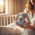Mother's hands tenderly holding Swizzels Love Heart It's A Boy plush bunny in a cosy hospital room