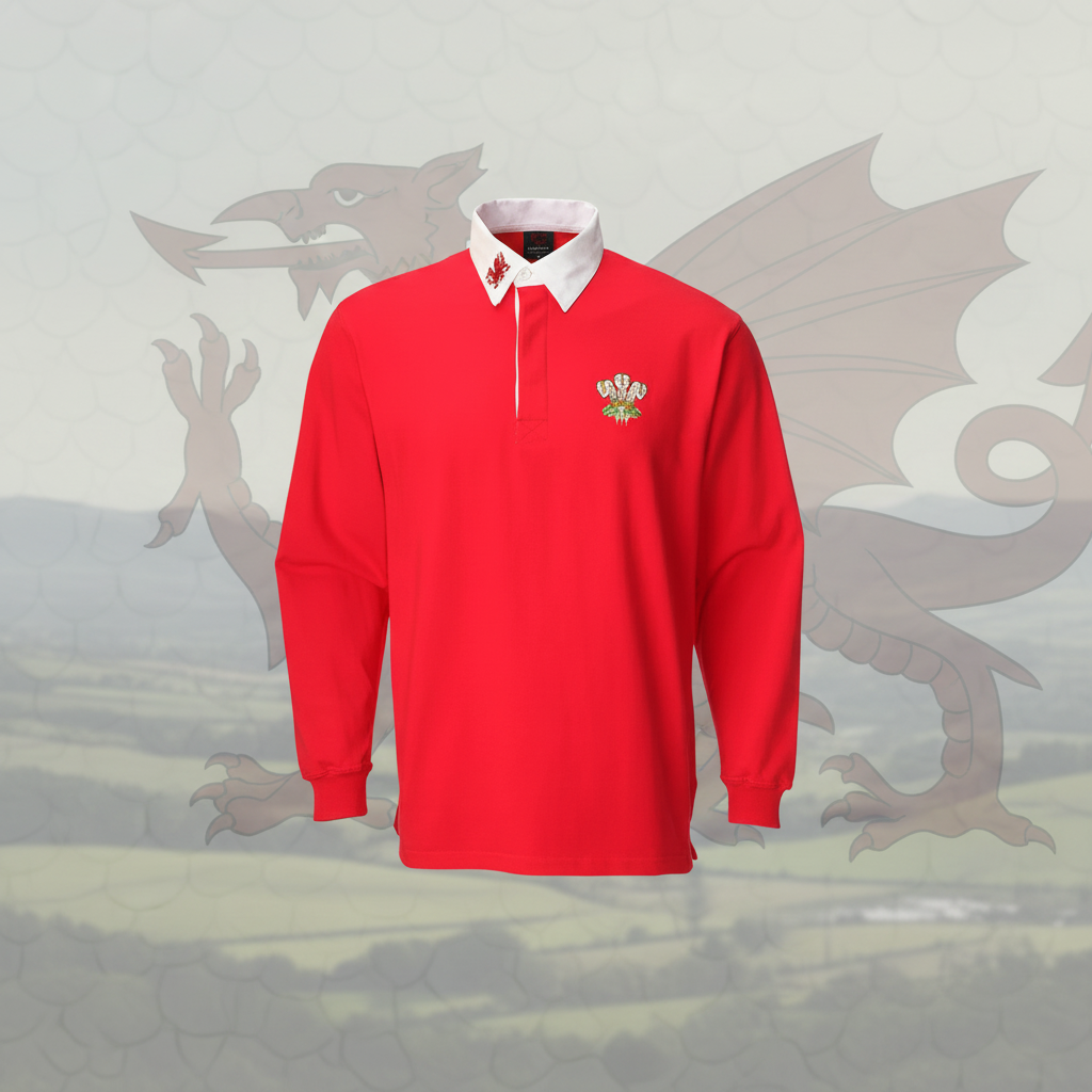 Kids Traditional Long Sleeve Welsh Red Rugby Shirt Age 13-14 Years with three feathers emblem