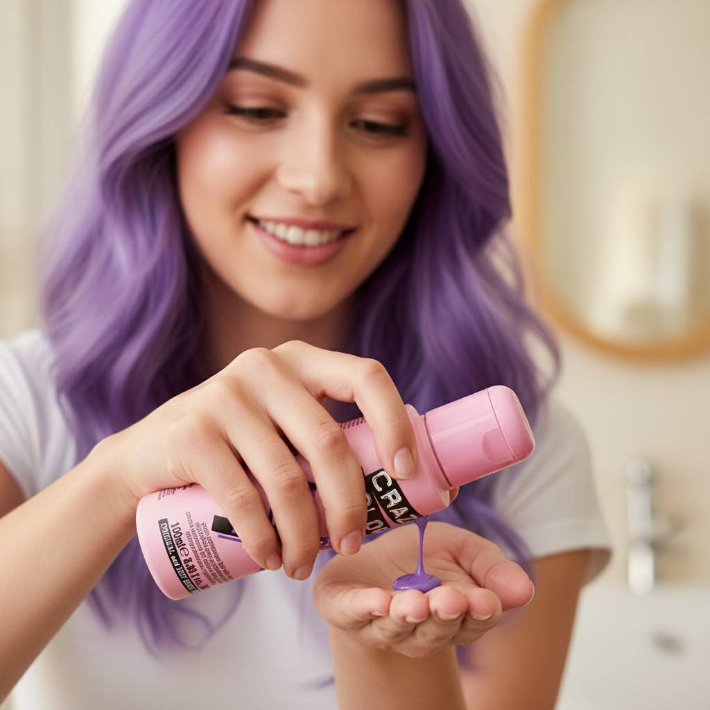 Woman with vivid purple hair authentically applying Crazy Color Hot Purple semi-permanent hair dye