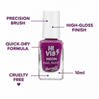 Barry M Hi-Vis Neon Nail Paint Fearless Purple 243 – feature infographic highlighting quick-dry formula, high-gloss finish, precision brush, cruelty free, 10ml