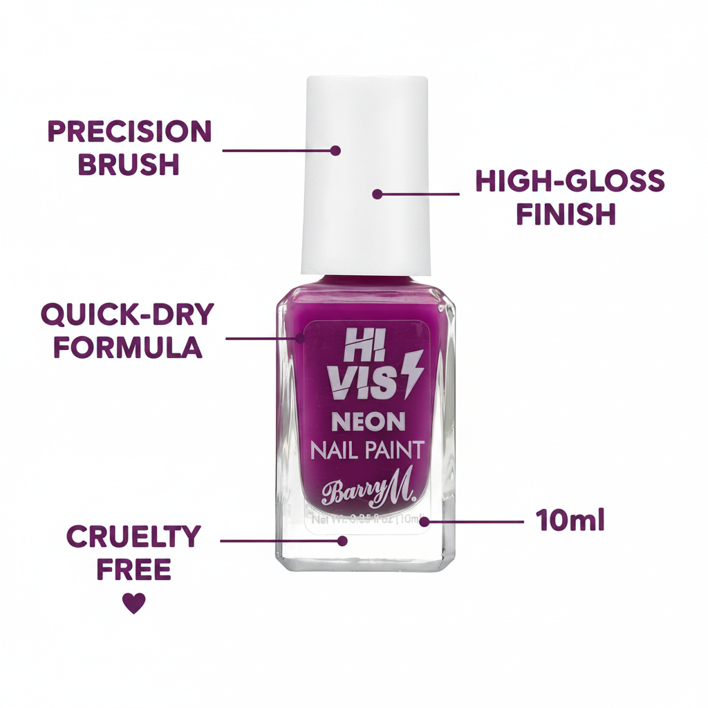 Barry M Hi-Vis Neon Nail Paint Fearless Purple 243 – feature infographic highlighting quick-dry formula, high-gloss finish, precision brush, cruelty free, 10ml