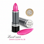 Laval Pink Lipstick Dawn Glow 38 matte black tube beside a £1 coin on white background showing product size