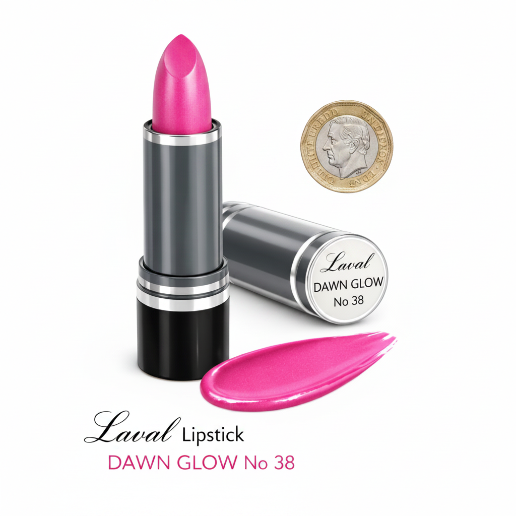 Laval Pink Lipstick Dawn Glow 38 matte black tube beside a £1 coin on white background showing product size