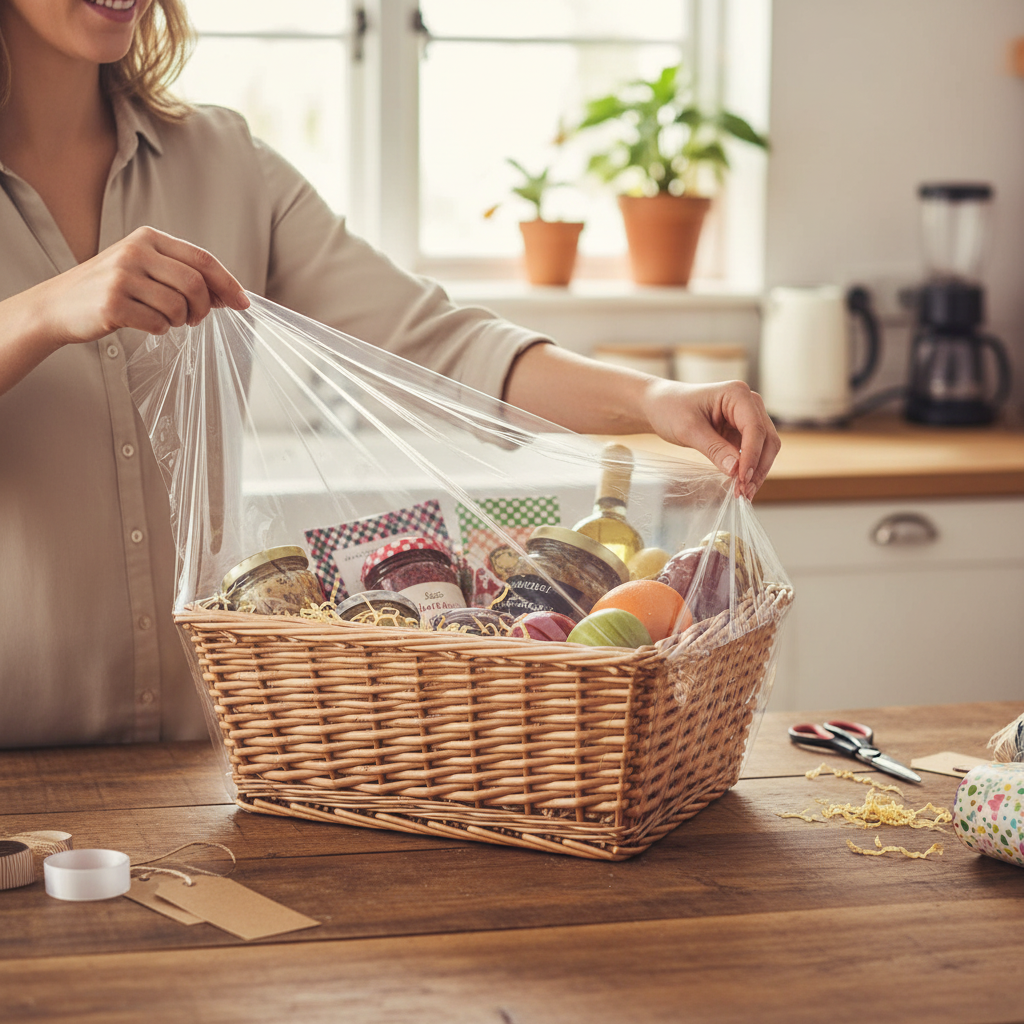 Woman wrapping a gift hamper with extra-wide clear cellophane wrap - lifestyle photo